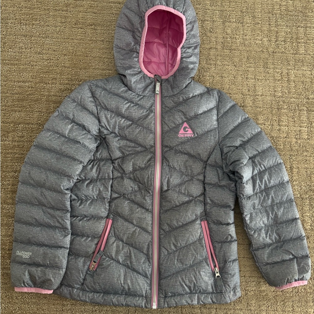 Gray and Pink Hooded Puffy Jacket